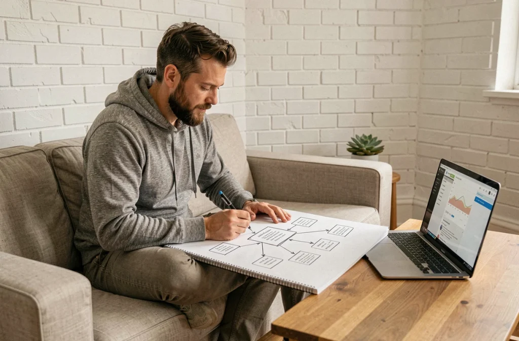 Homme travaillant à domicile en dessinant un schéma de maillage interne de site web sur un carnet de notes