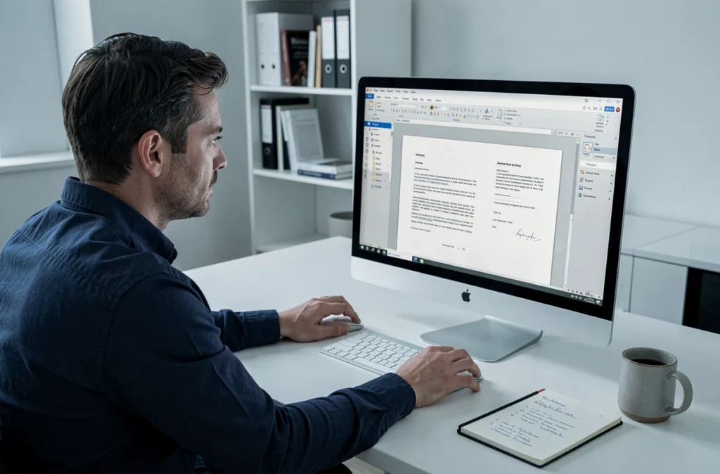 Homme en télétravail modifiant un contrat PDF multi-pages sur un grand écran dans un bureau à domicile minimaliste