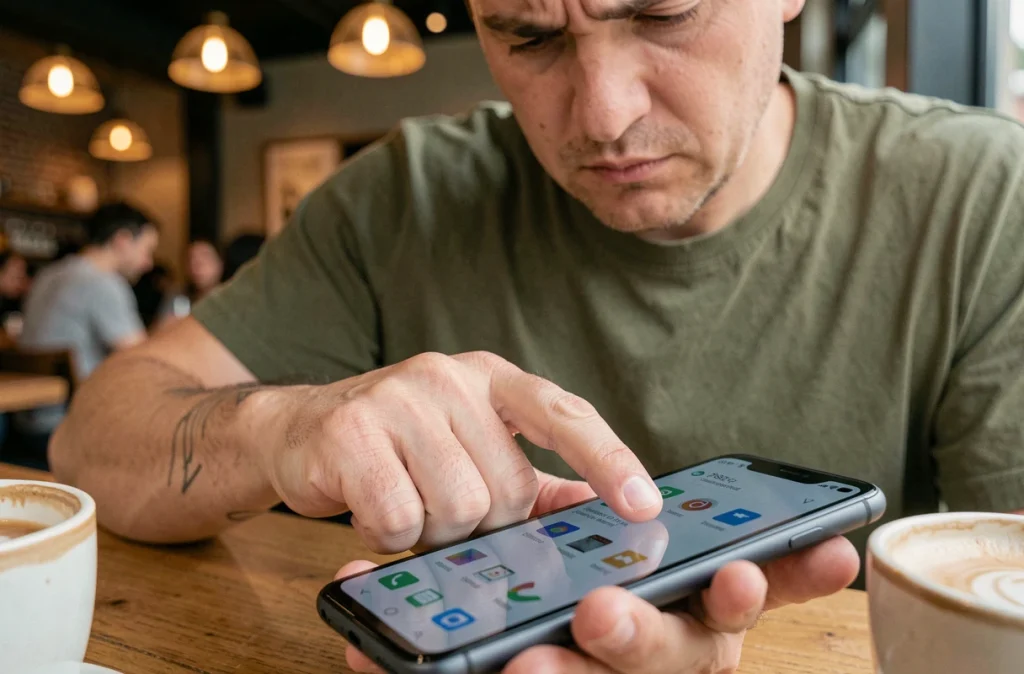 Homme tapant avec impatience sur l'écran de son smartphone dans un café, illustrant la réactivité aux gestes tactiles et l'Interaction to Next Paint