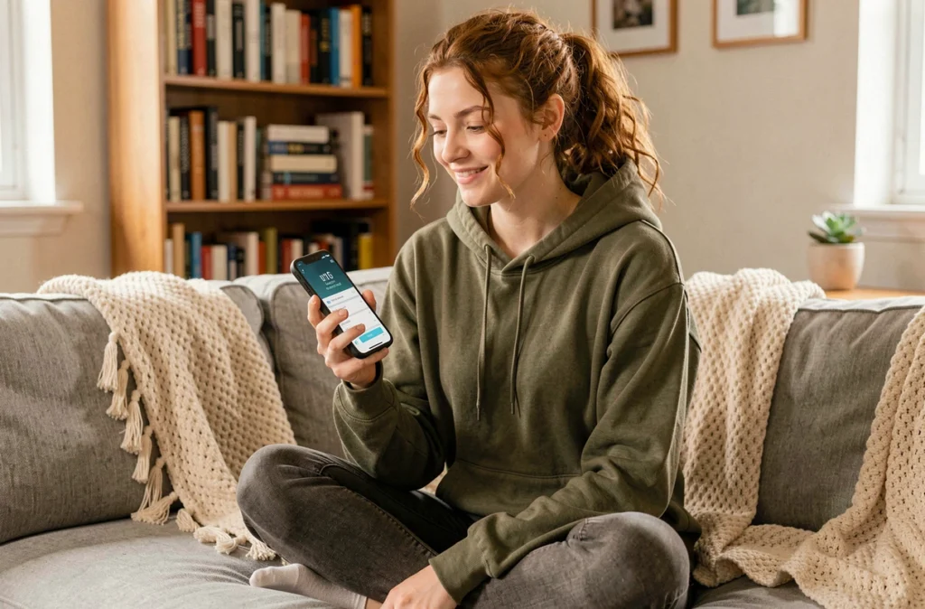 Jeune femme vérifiant le suivi de sa consommation mobile depuis son canapé à domicile