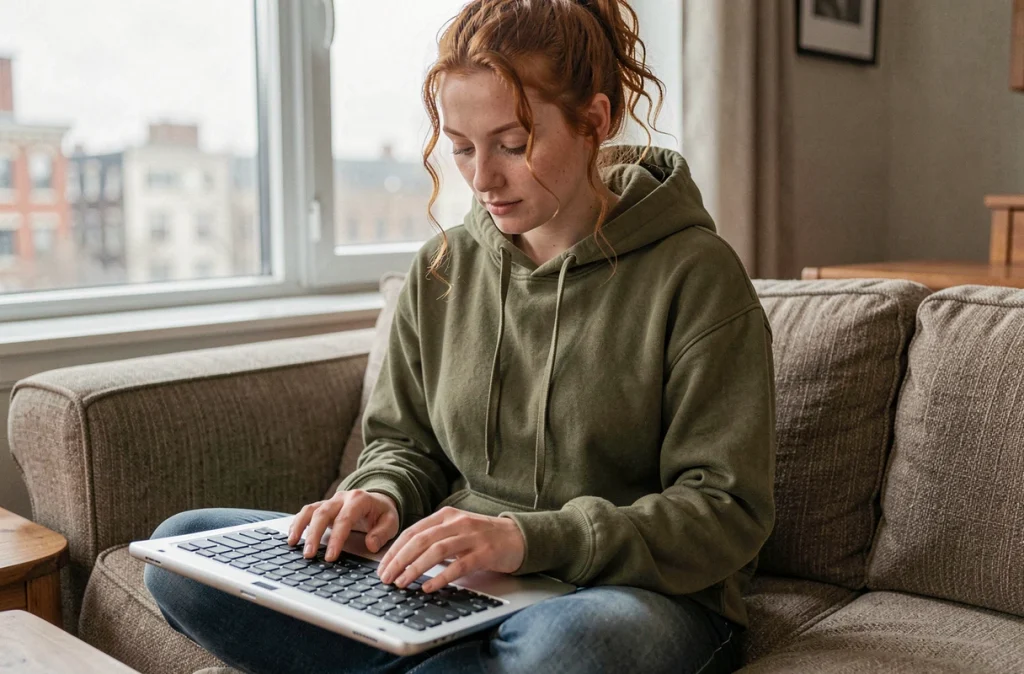 Jeune femme recherchant comment taper un arobase avec un clavier Bluetooth connecté à une tablette
