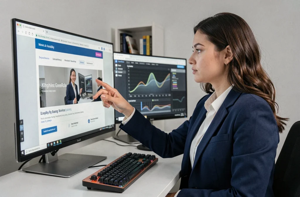 Femme développeuse observant le rendu progressif du contenu principal d'une page web sur son écran, illustrant le Largest Contentful Paint