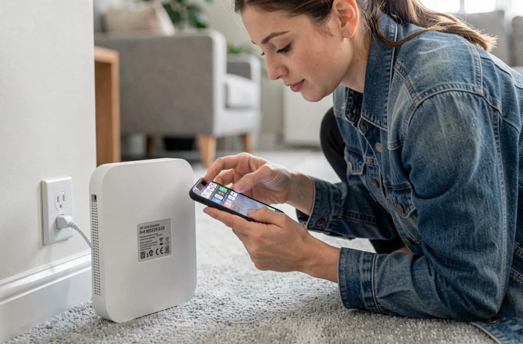 Femme lisant l'étiquette d'un routeur Wi-Fi pour trouver l'adresse IP par défaut 192.168.1.1
