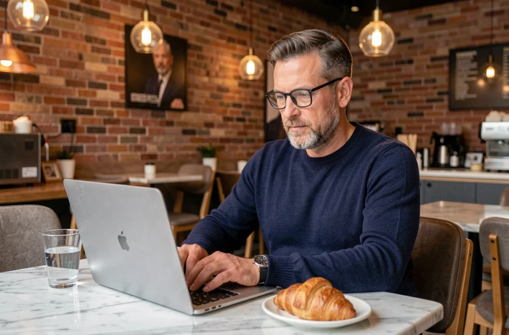 Homme avec lunettes travaillant sur un MacBook Air dans un café moderne avec murs en briques apparentes