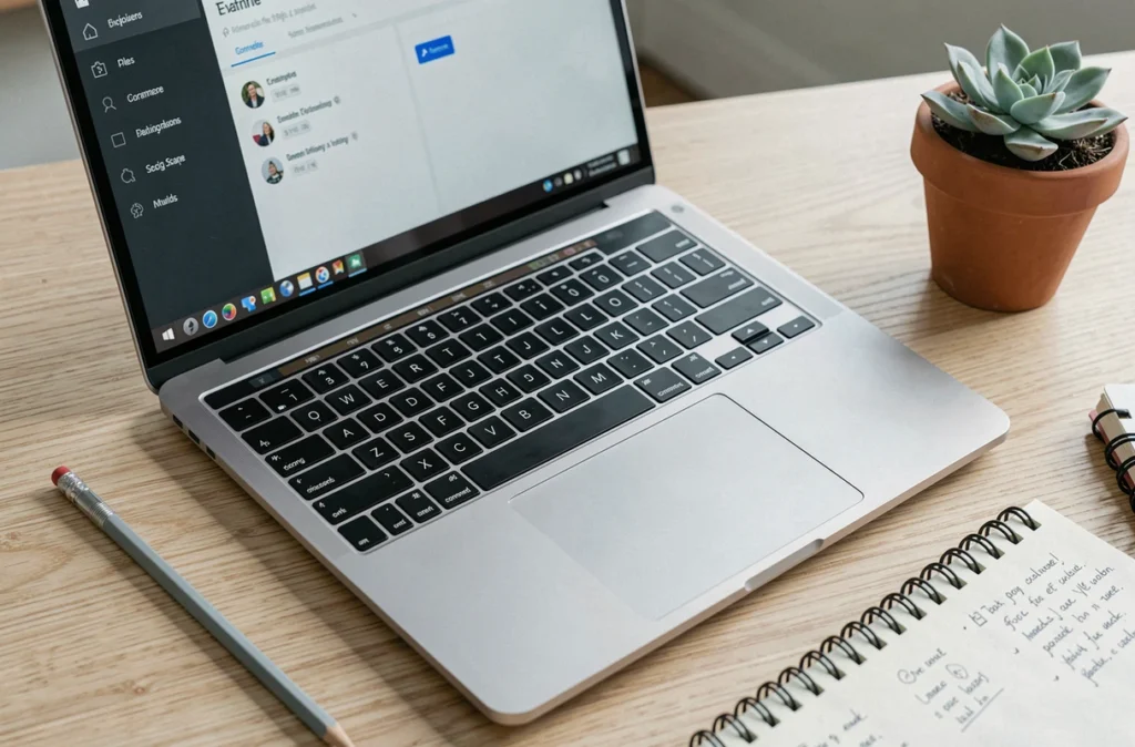 Gros plan sur un MacBook Air ouvert sur un bureau en chêne avec carnet de notes et succulent en pot