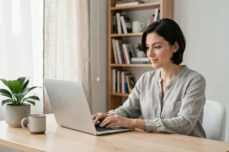 Femme utilisant un MacBook Air sur un bureau en bois dans un home office minimaliste scandinave