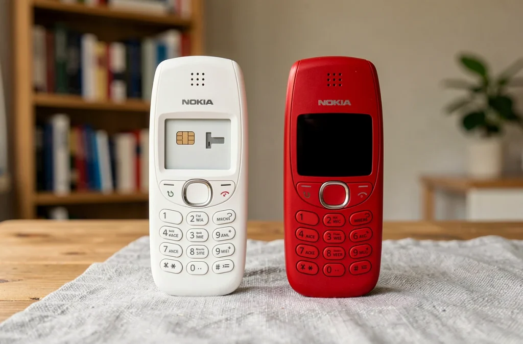 Comparaison côte à côte du Nokia 5310 simple SIM et double SIM en blanc et rouge sur une table en bois