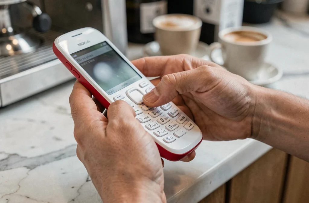 Mains tenant un Nokia 5310 blanc et rouge dans un café, illustrant l'utilisation quotidienne du téléphone