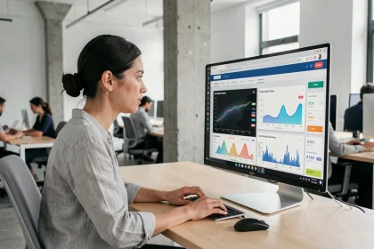 Développeuse web analysant un tableau de bord d'optimisation d'images pour améliorer la vitesse de chargement et le référencement SEO