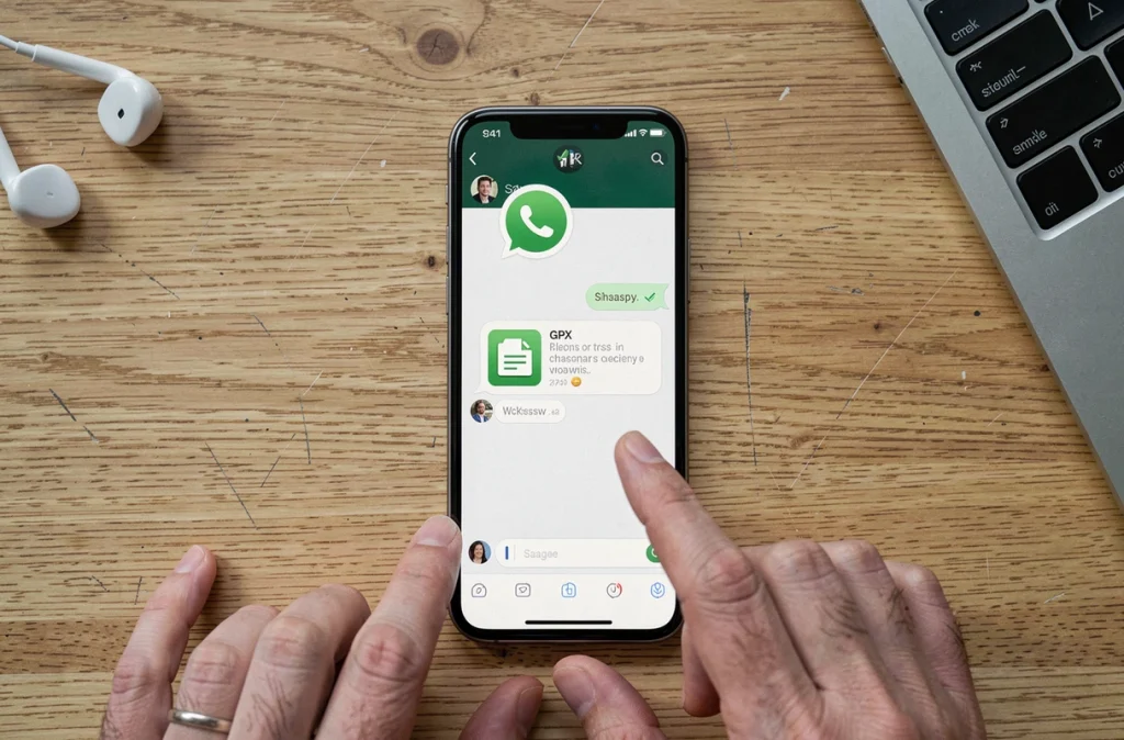 Mains ouvrant un fichier GPX reçu via WhatsApp sur un smartphone posé sur un bureau en bois