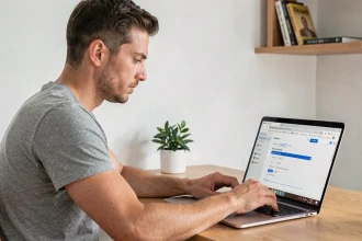Homme paramétrant les extensions de fichier dans les préférences de son navigateur web sur un ordinateur portable