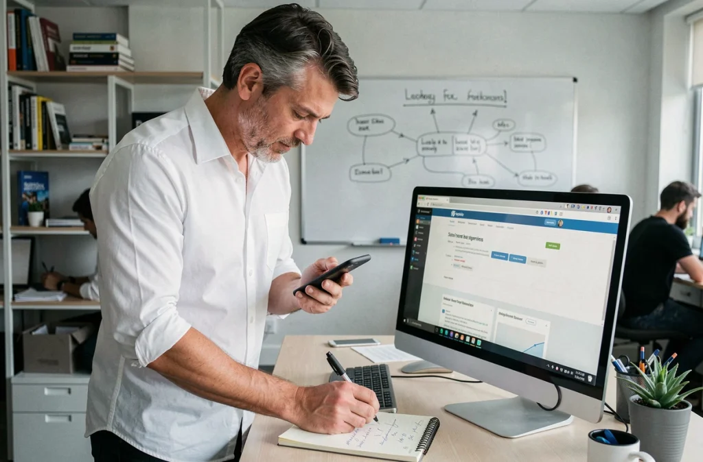 Spécialiste SEO comparant le contenu d'une même page sur smartphone et moniteur desktop, illustrant la parité de contenu mobile-desktop indexée par Google