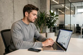 Développeur web analysant les performances mobiles et desktop côte à côte sur smartphone et laptop dans un bureau moderne