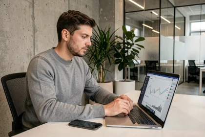 Développeur web analysant les performances mobiles et desktop côte à côte sur smartphone et laptop dans un bureau moderne