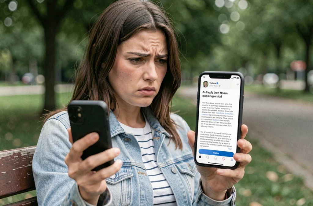 Femme frustrée face à un pop-up interstitiel bloquant sur son smartphone en extérieur, illustrant les pénalités Google liées aux interstitiels mobiles