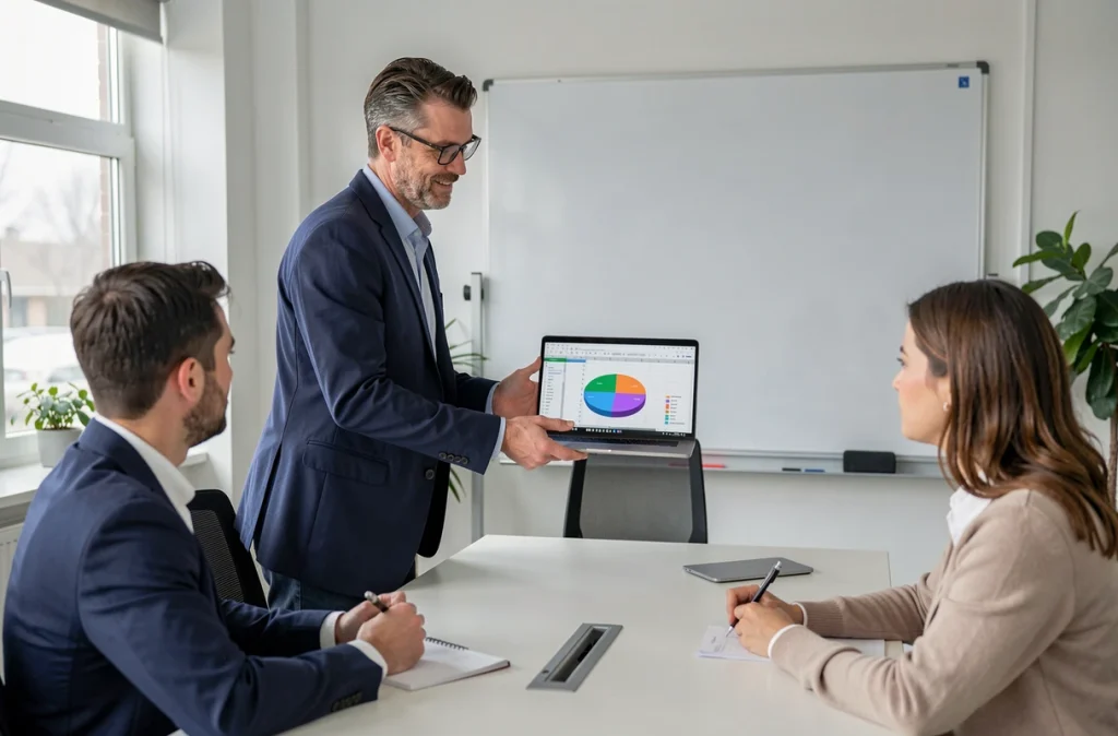 Homme présentant un graphique camembert Excel à des collègues en salle de réunion