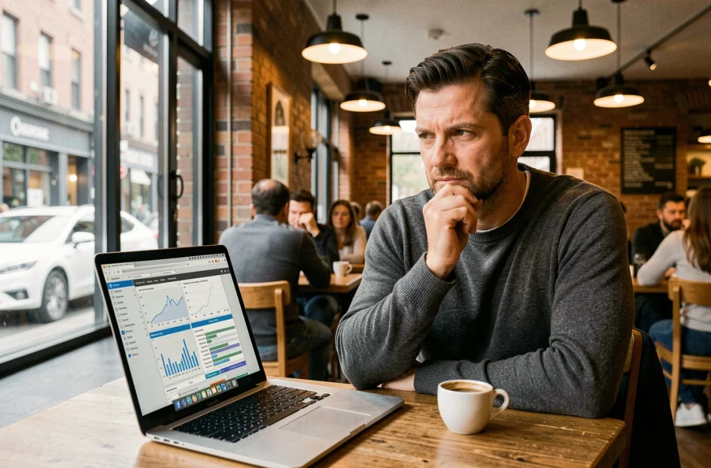 Professionnel du SEO analysant des données de mots-clés concurrents sur un ordinateur portable dans un café urbain
