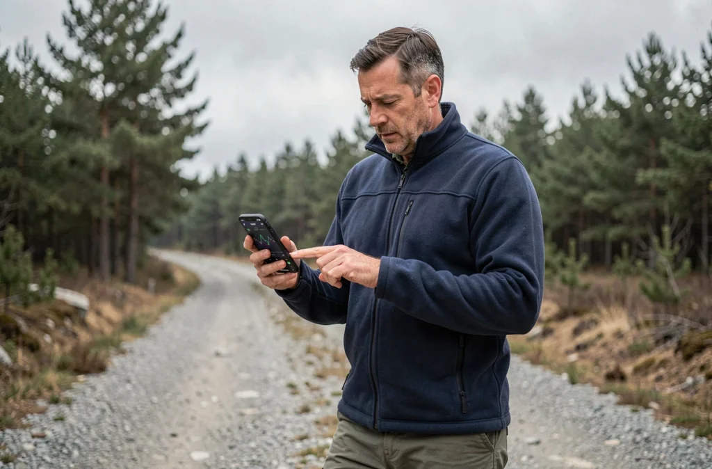 Randonneur consultant un fichier GPX sur iPhone en forêt sur sentier de randonnée
