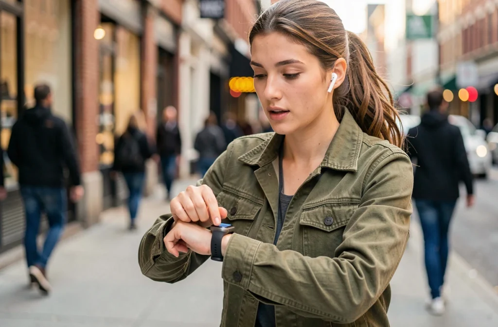 Jeune femme effectuant une recherche vocale via sa montre connectée en marchant en ville, représentant l'essor du référencement naturel vocal