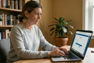 Femme tapant son mot de passe sur un webmail Orange depuis un ordinateur portable à son bureau à domicile