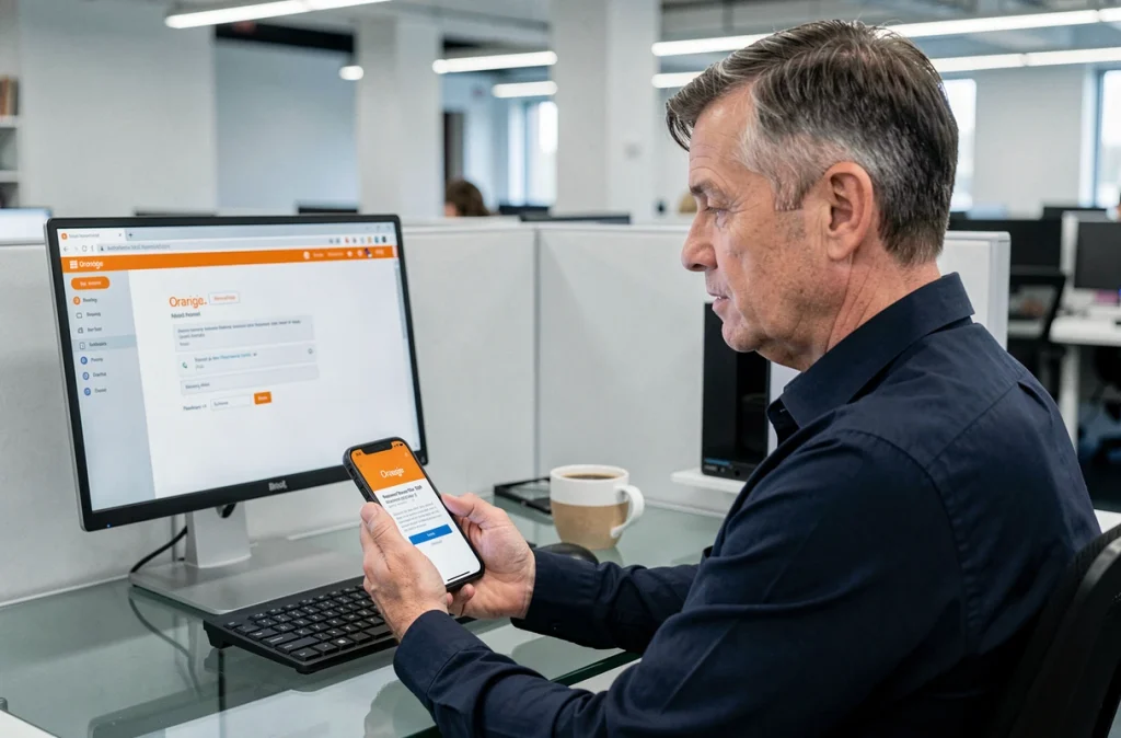 Homme consultant un SMS de récupération de mot de passe webmail Orange sur son téléphone dans un bureau professionnel