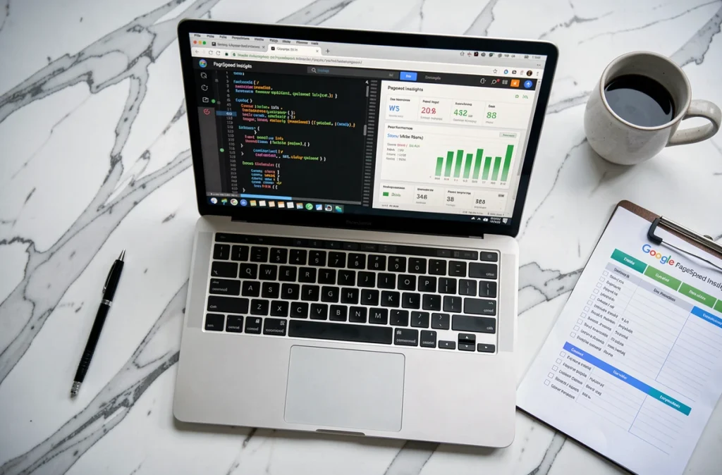 Vue aérienne d'un poste de travail avec un script d'optimisation d'images ouvert et un rapport Google PageSpeed Insights affichant d'excellentes performances SEO