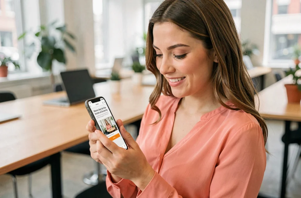 Femme engagée consultant une page mobile au contenu clair et bien structuré above-the-fold sur son smartphone dans un espace de co-working