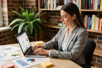 Femme stratège de contenu travaillant sur une analyse de trafic organique et de contenu evergreen à son bureau