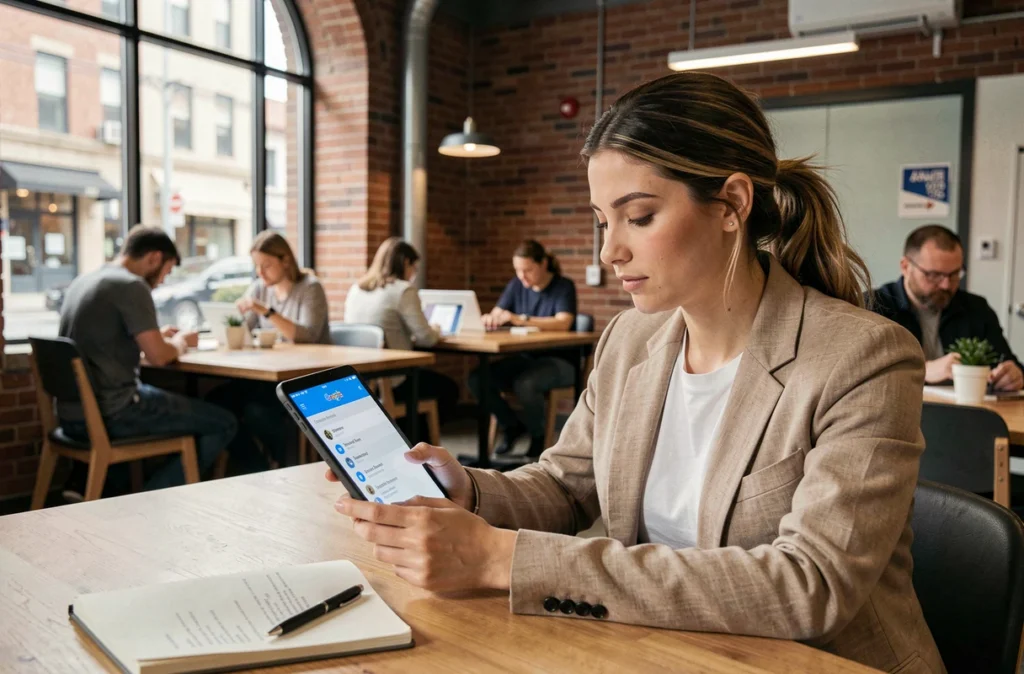 Jeune femme supprimant son historique Google sur une tablette dans un espace de coworking