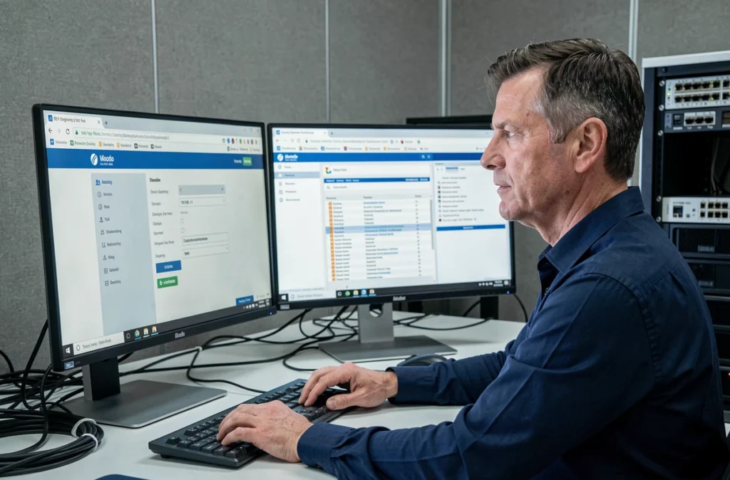 Technicien informatique configurant un réseau en accédant à l'adresse IP 192.168.1.1 depuis un poste de travail professionnel