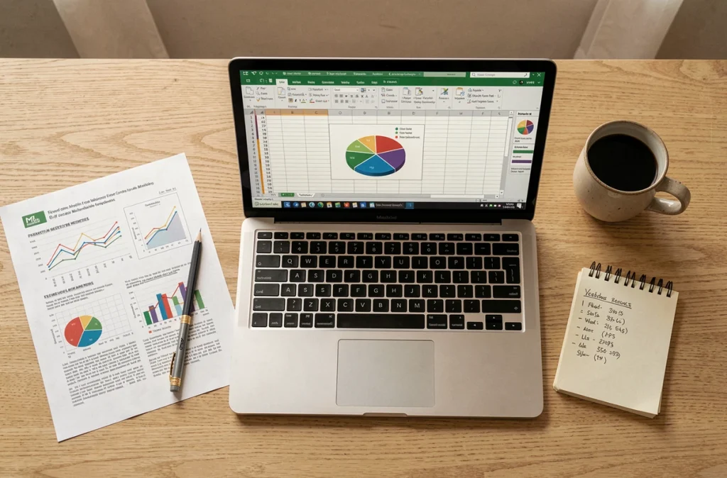 Vue aérienne d'un bureau avec un ordinateur portable affichant un graphique camembert Excel entouré de documents de travail