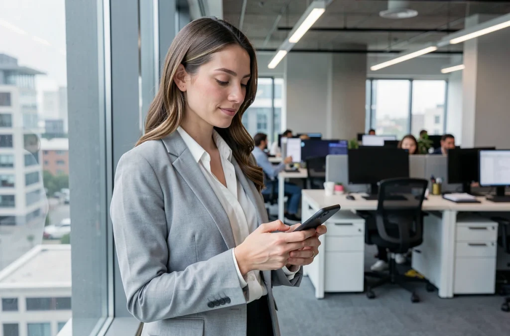 Femme consultant ses emails AC Strasbourg sur iPhone dans un bureau moderne