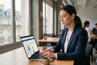 Professionnelle parisienne accédant à distance aux applications nomades de la Ville de Paris depuis un espace de coworking moderne