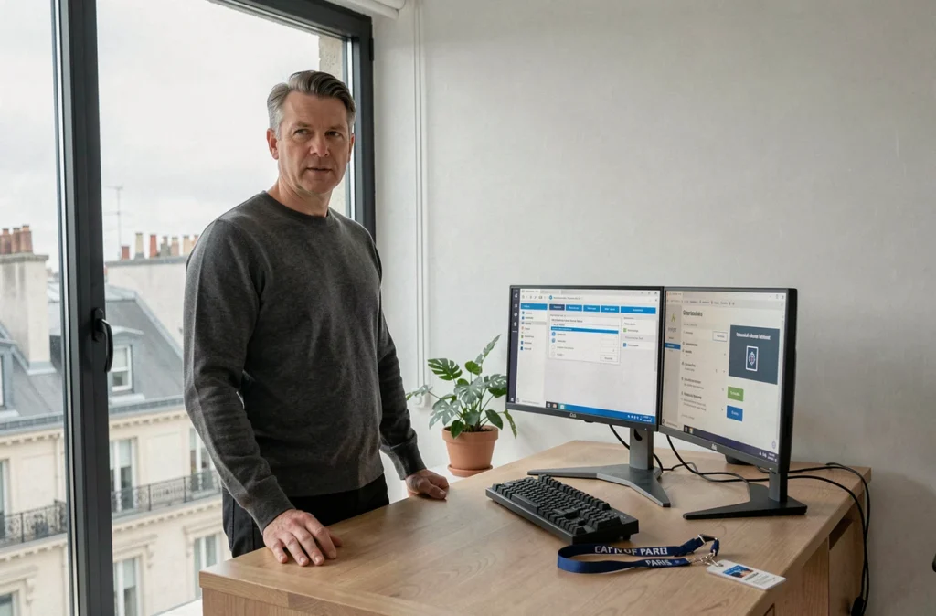 Administrateur informatique en télétravail gérant un accès distant sécurisé aux services numériques de la Ville de Paris depuis son domicile