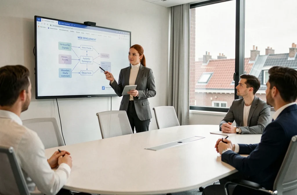 Stratège digitale d'Adveris présentant une stratégie de développement web à une équipe à Lille