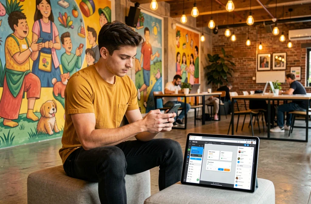 Développeur d'applications mobiles de l'Agence Spritz testant une app sur smartphone dans un studio créatif à Lille