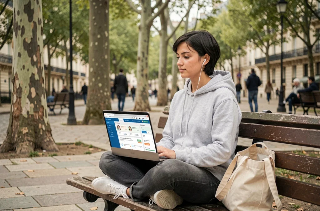 Jeune agent municipal utilisant les applications nomades de la Ville de Paris en plein air dans un parc parisien avec son ordinateur portable