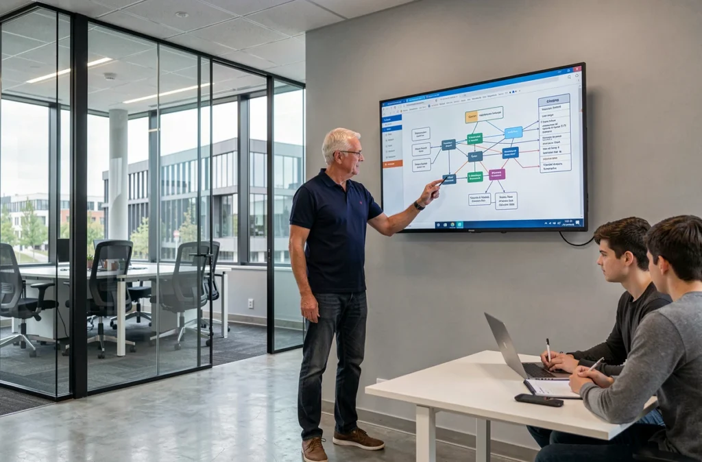 Ingénieur logiciel senior d'Alten présentant une architecture technique à une équipe dans un bureau à Lille
