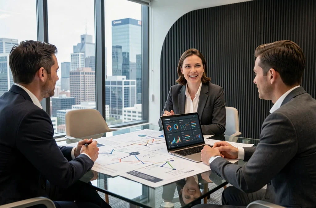 Consultante en innovation d'Altran discutant d'une stratégie de développement logiciel avancé avec son équipe