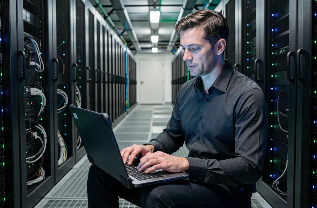 Spécialiste cloud et cybersécurité d'Atos analysant des tableaux de bord de sécurité dans un centre de données à Lille