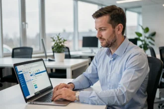 Homme configurant SOGo sur Outlook dans un bureau moderne à Lille