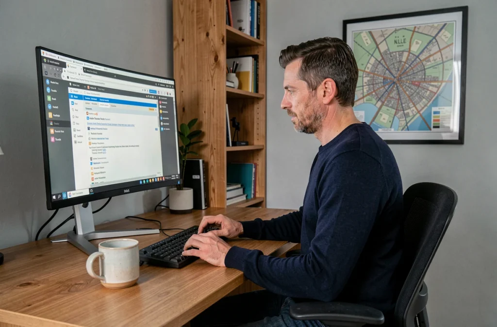 Homme configurant SOGo sur Thunderbird dans un bureau personnel avec carte de Lille