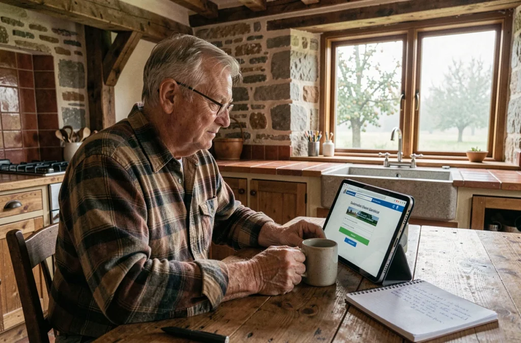 Senior normand consultant un site d'aide à la connexion melouvert Normandie sur tablette dans une cuisine rustique