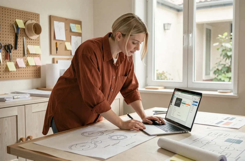 Designer produit de Hello Pomelo travaillant sur la conception sur mesure d'un logiciel dans un studio épuré