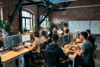 Vue panoramique d'un bureau de développement logiciel moderne dans le Nord de la France avec développeurs au travail