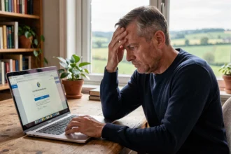 Homme frustré face à une erreur de connexion sur le portail melouvert Normandie depuis son bureau à domicile