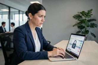 Femme professionnelle analysant une feuille Excel protégée par un cadenas sur un écran d'ordinateur portable dans un bureau moderne