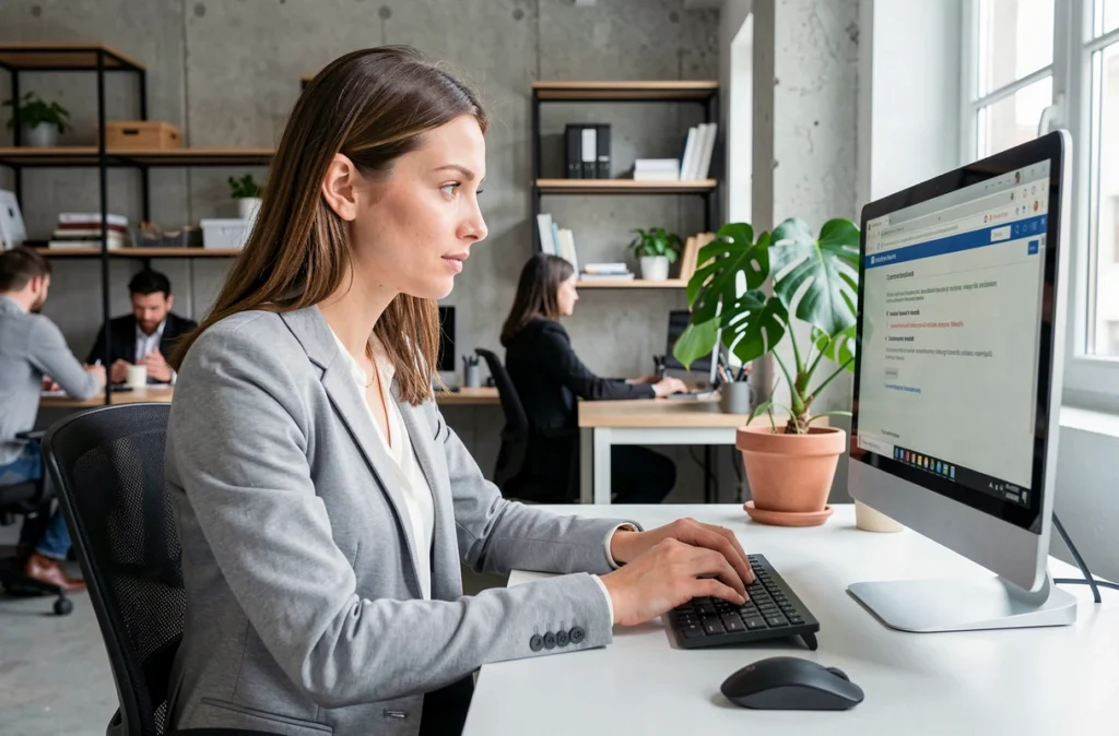 Femme en train de résoudre un problème de connexion melouvert Normandie dans un espace de coworking moderne