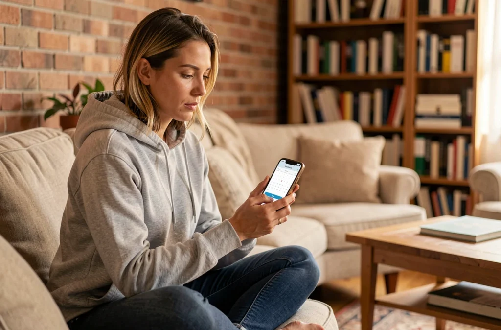 Femme synchronisant SOGo sur smartphone depuis son appartement
