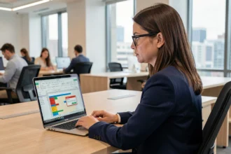 Femme professionnelle utilisant Excel avec mise en forme conditionnelle et alertes sur cellules texte